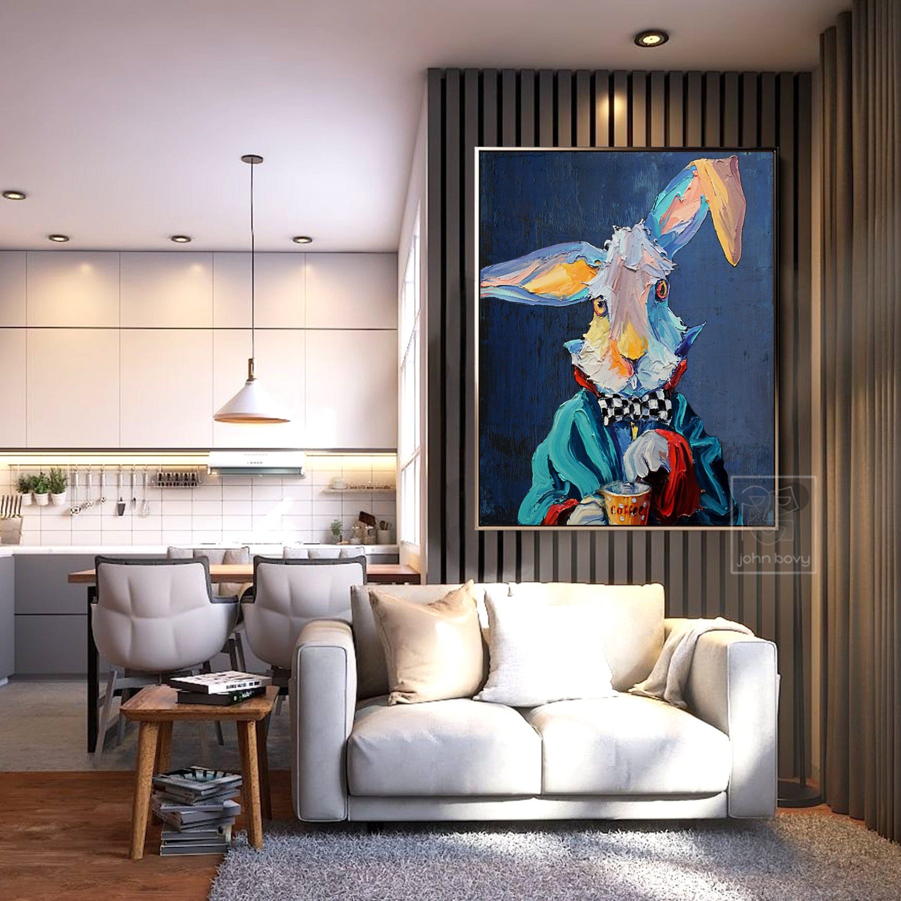 Coffee Rabbit impasto painting hanging above a sofa in a modern living room
